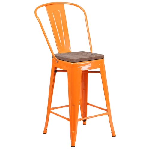 Flash Furniture CH-31320-24GB-OR-WD-GG 24"H Orange Metal Curved Vertical Back Barstool w/ Wood Seat