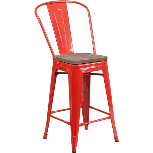 Flash Furniture CH-31320-24GB-RED-WD-GG 24"H Red Metal Curved Vertical Back Barstool w/ Wood Seat
