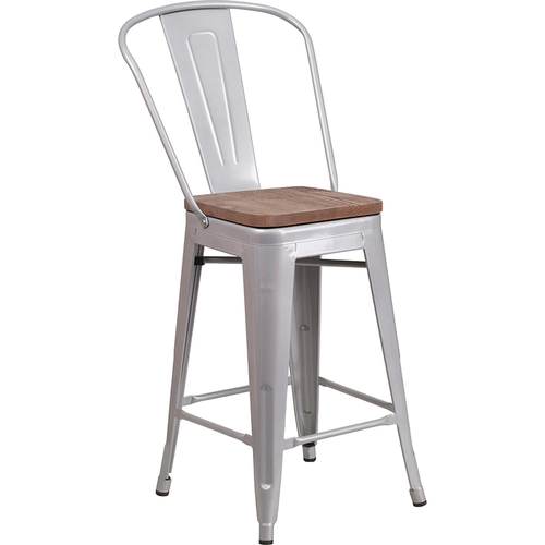 Flash Furniture CH-31320-24GB-SIL-WD-GG 24"H Silver Metal Curved Vertical Back Barstool w/ Wood Seat