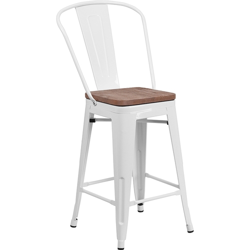 Flash Furniture CH-31320-24GB-WH-WD-GG 24"H White Metal Curved Vertical Back Barstool w/ Wood Seat