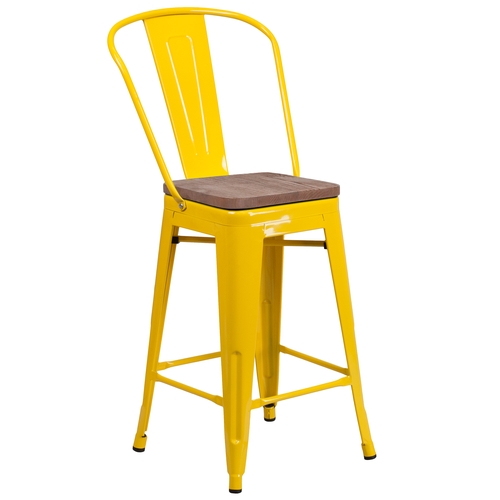 Flash Furniture CH-31320-24GB-YL-WD-GG 24"H Yellow Metal Curved Vertical Back Barstool w/ Wood Seat