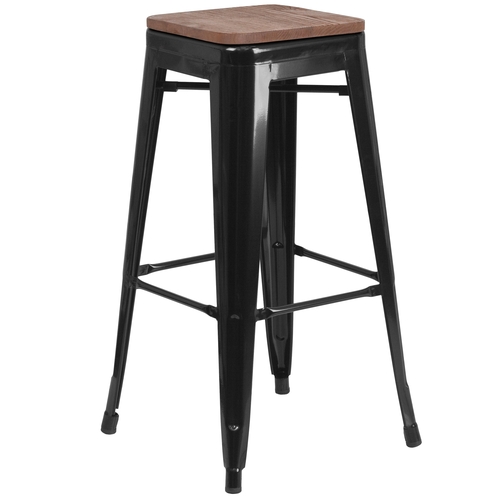 Flash Furniture CH-31320-30-BK-WD-GG 30"H Backless Black Metal Barstool w/ Wood Seat