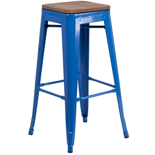 Flash Furniture CH-31320-30-BL-WD-GG 30"H Backless Blue Metal Barstool w/ Wood Seat