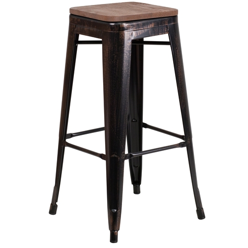Flash Furniture CH-31320-30-BQ-WD-GG 30"H Backless Black Antique Gold Metal Barstool w/ Wood Seat