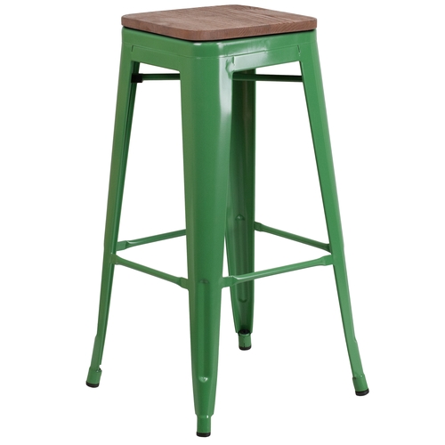 Flash Furniture CH-31320-30-GN-WD-GG 30"H Backless Green Metal Barstool w/ Wood Seat