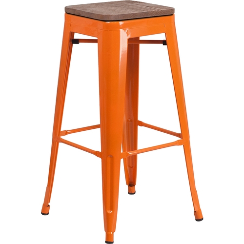 Flash Furniture CH-31320-30-OR-WD-GG 30"H Backless Orange Metal Barstool w/ Wood Seat