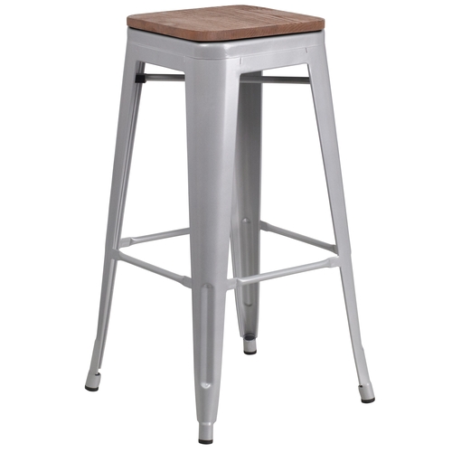 Flash Furniture CH-31320-30-SIL-WD-GG 30"H Backless Silver Metal Barstool w/ Wood Seat