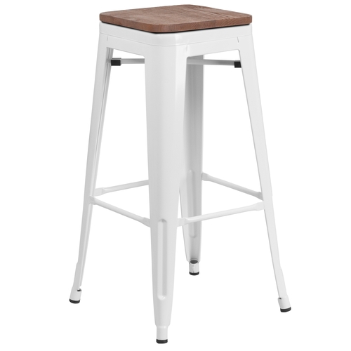 Flash Furniture CH-31320-30-WH-WD-GG 30"H Backless White Metal Barstool w/ Wood Seat