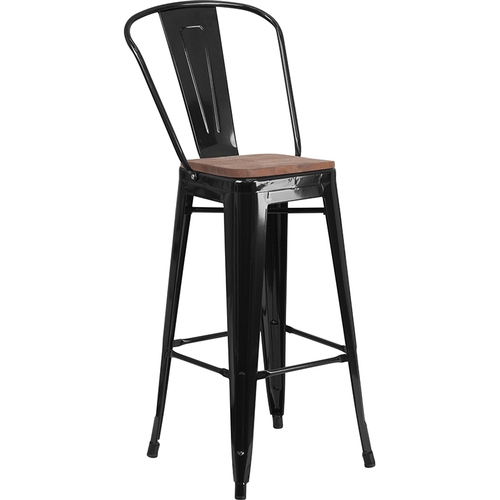 Flash Furniture CH-31320-30GB-BK-WD-GG 30"H Black Metal Curved Vertical Back Barstool w/ Wood Seat