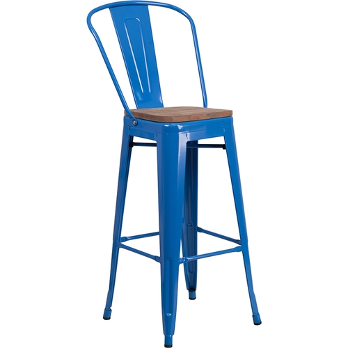 Flash Furniture CH-31320-30GB-BL-WD-GG 30"H Blue Metal Curved Vertical Back Barstool w/ Wood Seat