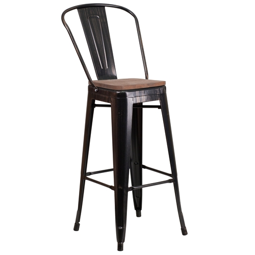 Flash Furniture CH-31320-30GB-BQ-WD-GG 30"H Black Antique Gold Metal Back Barstool w/ Wood Seat 