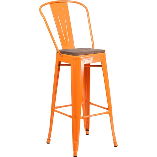 Flash Furniture CH-31320-30GB-OR-WD-GG 30"H Orange Metal Curved Back Barstool w/ Wood Seat