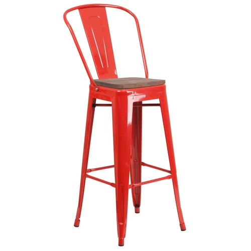 Flash Furniture CH-31320-30GB-RED-WD-GG 30"H Red Metal Curved Vertical Back Barstool w/ Wood Seat