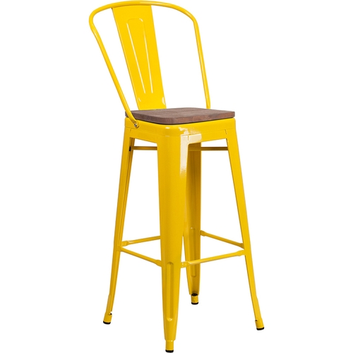 Flash Furniture CH-31320-30GB-YL-WD-GG 30"H Yellow Metal Curved Back Barstool w/ Wood Seat