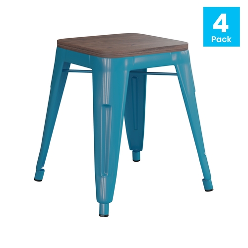 Flash Furniture ET-BT3503-18-TL-WD-GG Kai 18"H Backless Teal Metal Stool w/ Wood Seat - Set of 4