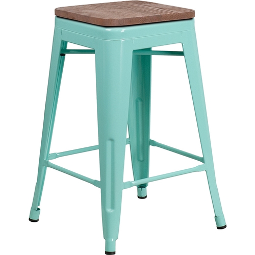 Flash Furniture ET-BT3503-24-MINT-WD-GG 24"H Mint Stackable Backless Metal Barstool w/ Wood Seat