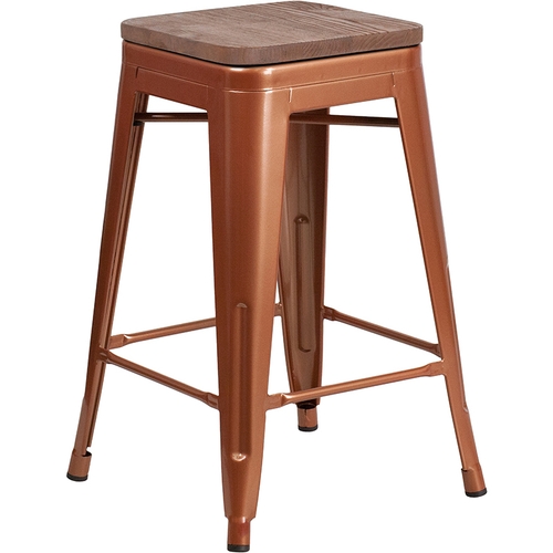 Flash Furniture ET-BT3503-24-POC-WD-GG 24"H Copper Stackable Backless Metal Barstool w/ Wood Seat
