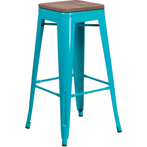 Flash Furniture ET-BT3503-30-CB-WD-GG 30"H Teal Stackable Backless Metal Barstool w/ Wood Seat