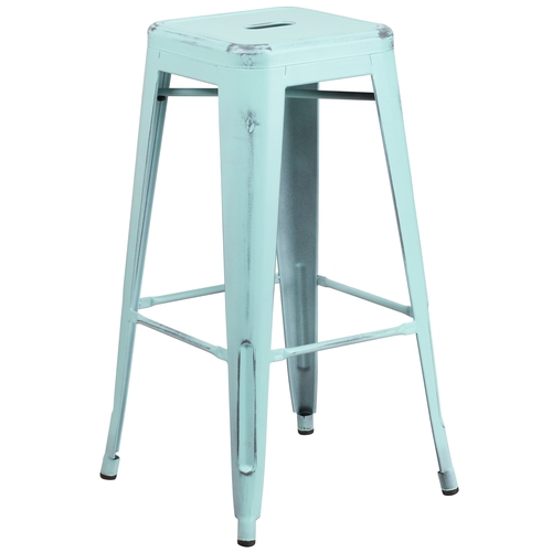 Flash Furniture ET-BT3503-30-DB-GG 30"H Distressed Blue Green Stackable Backless Metal Barstool