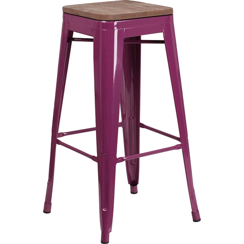 Flash Furniture ET-BT3503-30-PUR-WD-GG 30"H Purple Stackable Backless Metal Barstool w/ Wood Seat