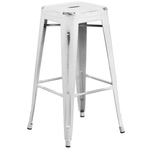 Flash Furniture ET-BT3503-30-WH-GG 30"H Distressed White Stackable Backless Metal Barstool