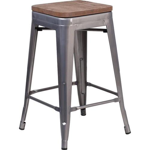 Flash Furniture XU-DG-TP0004-24-WD-GG 24"H Silver Stackable Backless Metal Barstool w/ Wood Seat