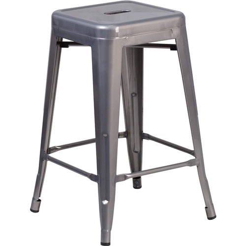 Flash Furniture XU-DG-TP0004-24-GG 24"H Silver Stackable Backless Metal Barstool