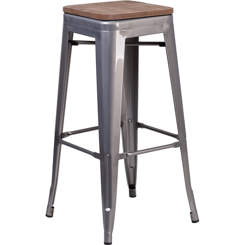 Flash Furniture XU-DG-TP0004-30-WD-GG 30"H Silver Stackable Backless Metal Barstool w/ Wood Seat