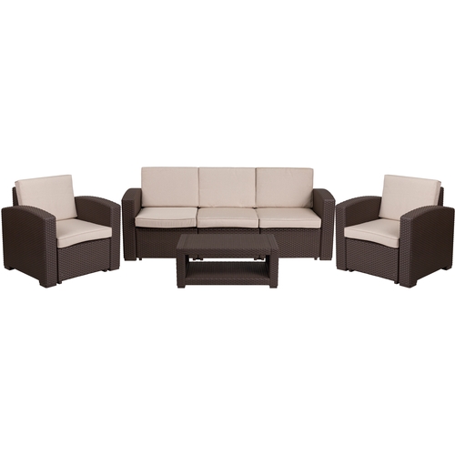 Flash Furniture DAD-SF-113R-CBN-GG Chair, Sofa & Table Set w/ All-Weather Faux Rattam Frame