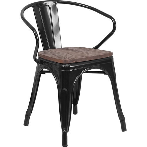 Flash Furniture CH-31270-BK-WD-GG Black Metal Bistro Style Stacking Armchair w/ Wood Seat