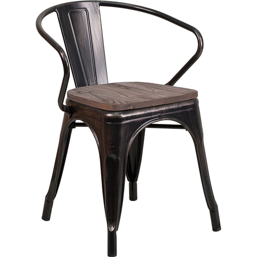 Flash Furniture CH-31270-BQ-WD-GG Black Antique Gold Metal Stacking Armchair w/ Wood Seat