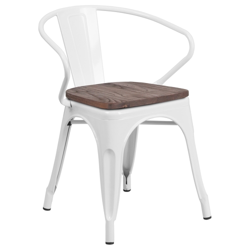 Flash Furniture CH-31270-WH-WD-GG White Metal Bistro Style Stacking Armchair w/ Wood Seat