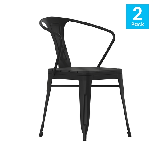 Flash Furniture 2-SB-T11C-BK-GG Helvey Black Metal Slat Back Stacking Armchair - Set of 2