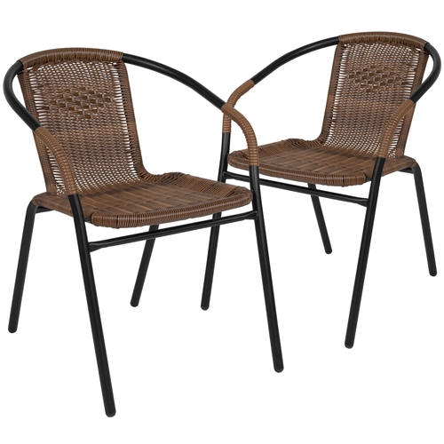 Flash Furniture 2-TLH-037-DK-BN-GG Black Metal Stack Chair w/ Brown Rattan Seat - Set of 2