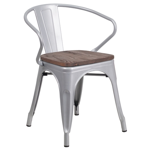 Flash Furniture CH-31270-SIL-WD-GG Silver Metal Curved Back Stacking Armchair w/ Wood Seat