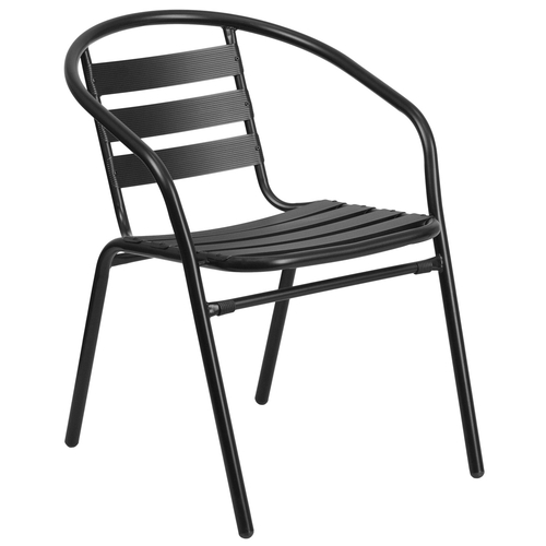 Flash Furniture TLH-017C-BK-GG Black Aluminum Curved Ladder Back Stacking Patio Armchair