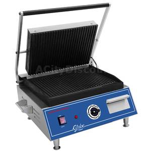 Globe PG14 14" x 10" Countertop Panini Grill W/ Ribbed Cooking Plates