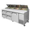 Turbo Air 93in Commercial Pizza Prep Table 12 Pans 4 Cooler Drawers - TPR-93SD-D4-N 