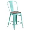 Flash Furniture ET-3534-24-MINT-WD-GG Mint Green Counter Height Steel Bar Stool with Wood Seat 