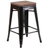 Flash Furniture CH-31320-24-BQ-WD-GG 24"H Backless Black & Gold Metal Counter Stool with Wood Seat 