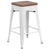 Flash Furniture CH-31320-24-WH-WD-GG 24"H Backless White Metal Counter Barstool with Wood Seat 