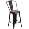 Flash Furniture CH-31320-24GB-BQ-WD-GG 24"H Black Antique Gold Metal Back Barstool with Wood Seat 
