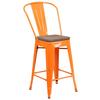 Flash Furniture CH-31320-24GB-OR-WD-GG 24"H Orange Metal Curved Vertical Back Barstool with Wood Seat 