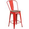Flash Furniture CH-31320-24GB-RED-WD-GG 24"H Red Metal Curved Vertical Back Barstool with Wood Seat 
