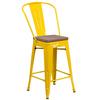 Flash Furniture CH-31320-24GB-YL-WD-GG 24"H Yellow Metal Curved Vertical Back Barstool with Wood Seat 