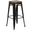 Flash Furniture CH-31320-30-BK-WD-GG 30"H Backless Black Metal Barstool with Wood Seat 