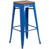 Flash Furniture CH-31320-30-BL-WD-GG 30"H Backless Blue Metal Barstool with Wood Seat 