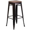 Flash Furniture CH-31320-30-BQ-WD-GG 30"H Backless Black Antique Gold Metal Barstool with Wood Seat 