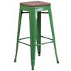 Flash Furniture CH-31320-30-GN-WD-GG 30"H Backless Green Metal Barstool with Wood Seat 