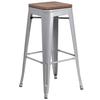 Flash Furniture CH-31320-30-SIL-WD-GG 30"H Backless Silver Metal Barstool with Wood Seat 